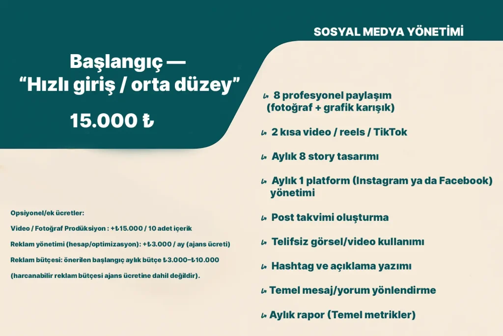 Kim için uygun: Markayı dijitalde düzenli tutmak, temel etkileşim ve bilinirlik hedefleyen küçük orta düzey işletmeler için ideal.